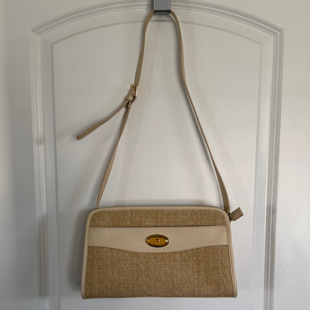 Etienne Aigner Beige & Straw Shoulder Bag with Gold Hardware